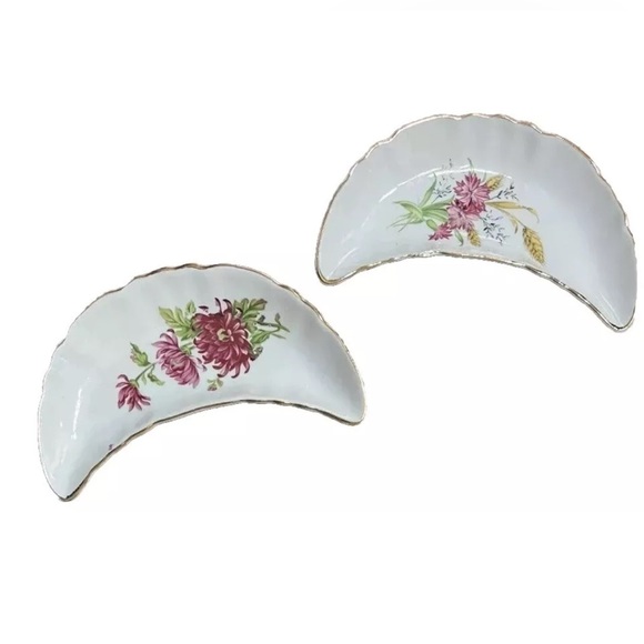Vintage Bone Dish Crescent Moon Set 2 Chadwick Japan MCM Floral Gold Witchy Read - Picture 2 of 12